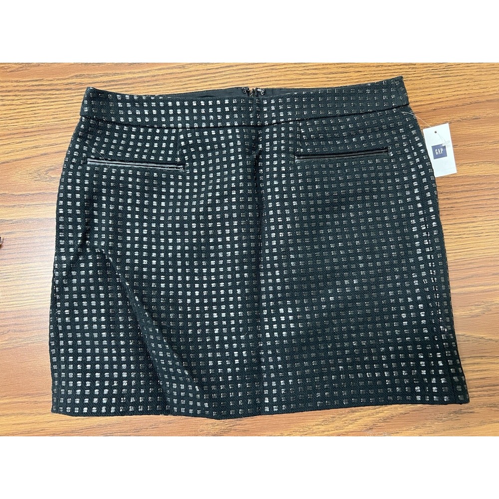 Gap Womens Black Silver Metallic Grid Mini Skirt Faux Leather‎ Trim Size 4 NEW